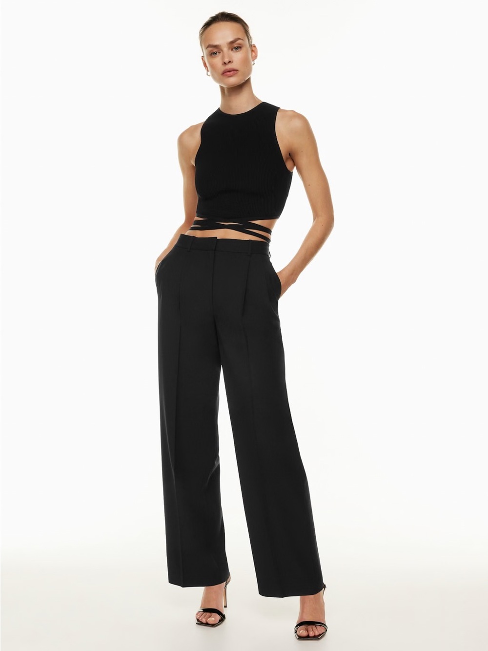Aritzia Wilfred High Waisted Black Pleated Straight Leg Trousers Size 10